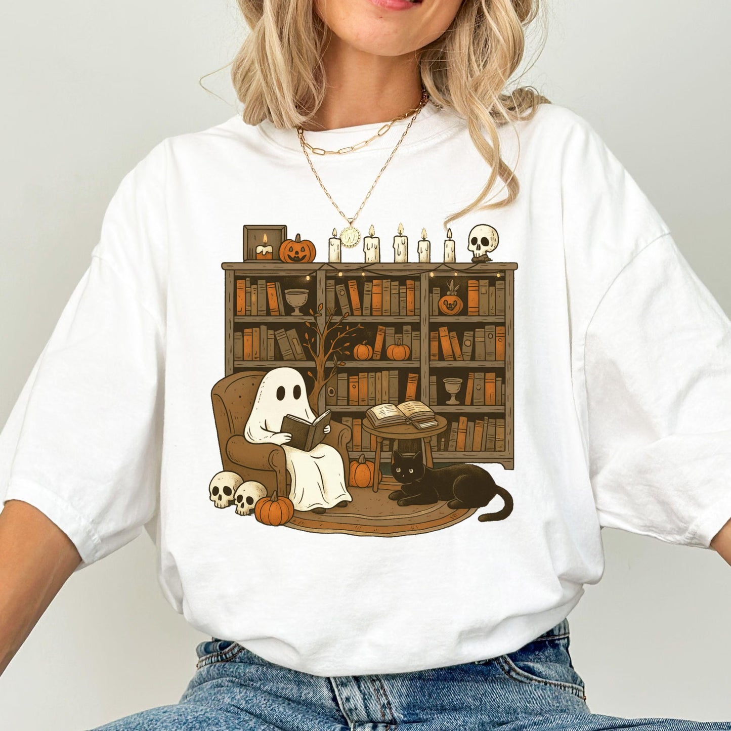 Comfort Colors Halloween Shirt, Fall Shirt, Ghost Reading Shirt, Spooky Teacher Halloween Tee, Library Ghost Shirt, Black Cat TShirt