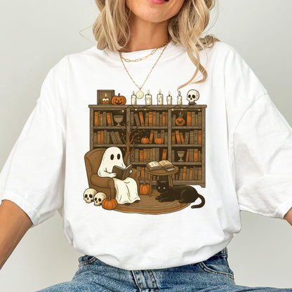 Comfort Colors Halloween Shirt, Fall Shirt, Ghost Reading Shirt, Spooky Teacher Halloween Tee, Library Ghost Shirt, Black Cat TShirt