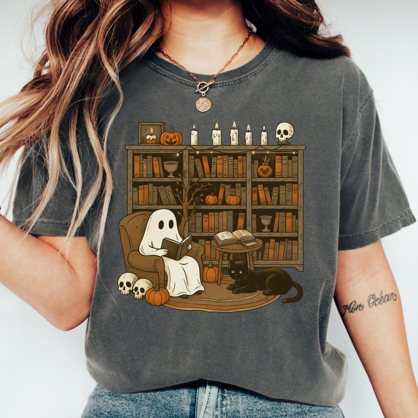 Comfort Colors Halloween Shirt, Fall Shirt, Ghost Reading Shirt, Spooky Teacher Halloween Tee, Library Ghost Shirt, Black Cat TShirt
