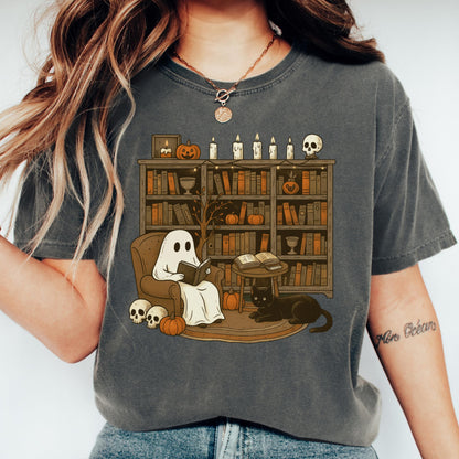 Comfort Colors Halloween Shirt, Fall Shirt, Ghost Reading Shirt, Spooky Teacher Halloween Tee, Library Ghost Shirt, Black Cat TShirt