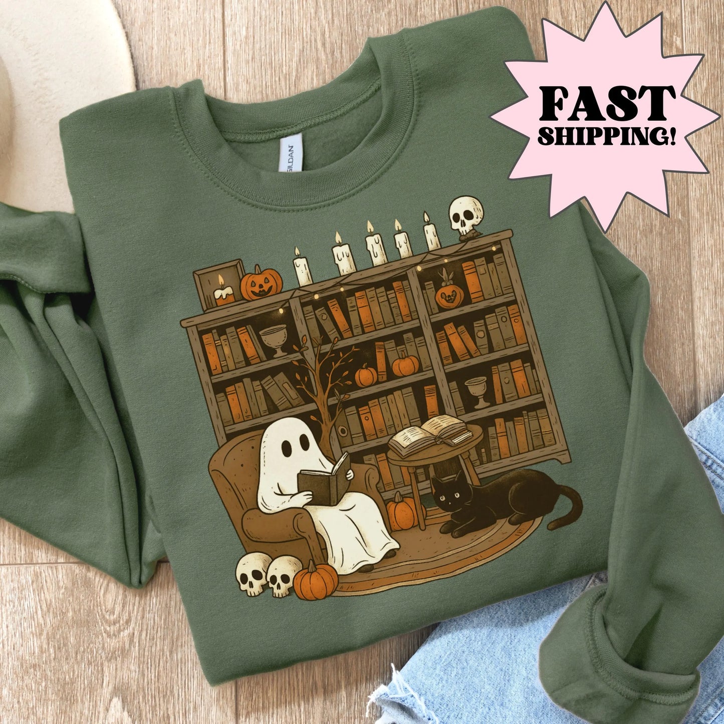 Ghost Reading Bookish Halloween Gildan Sweatshirt