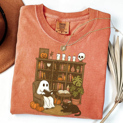Comfort Colors Halloween Shirt, Fall Shirt, Ghost Reading Shirt, Spooky Teacher Halloween Tee, Library Ghost Shirt, Plant Lady TShirt