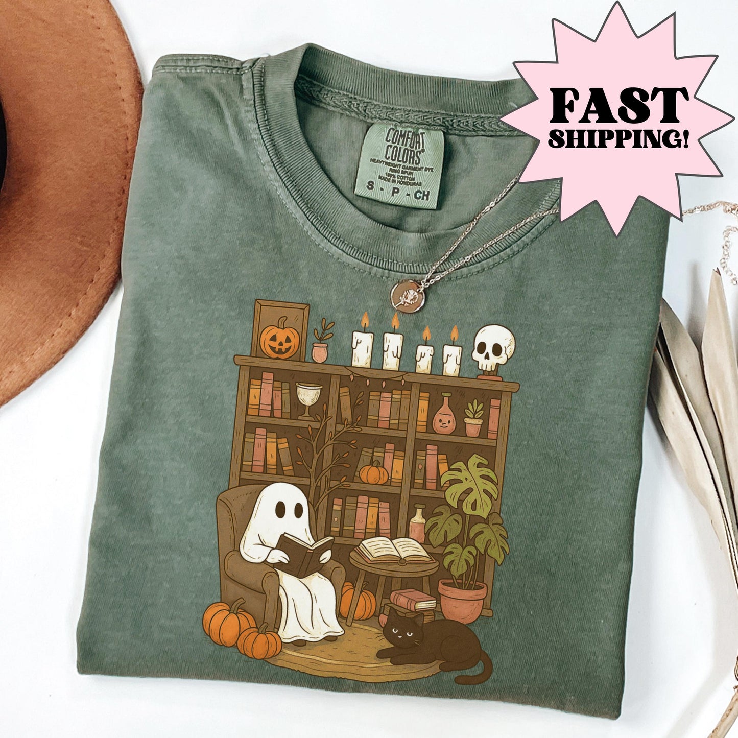 Comfort Colors Halloween Shirt, Fall Shirt, Ghost Reading Shirt, Spooky Teacher Halloween Tee, Library Ghost Shirt, Plant Lady TShirt