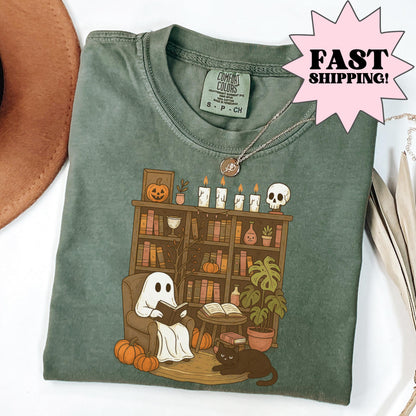 Comfort Colors Halloween Shirt, Fall Shirt, Ghost Reading Shirt, Spooky Teacher Halloween Tee, Library Ghost Shirt, Plant Lady TShirt