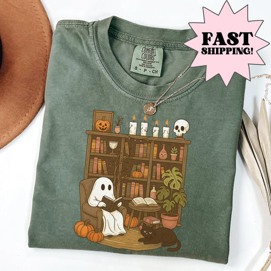 Comfort Colors Halloween Shirt, Fall Shirt, Ghost Reading Shirt, Spooky Teacher Halloween Tee, Library Ghost Shirt, Plant Lady TShirt