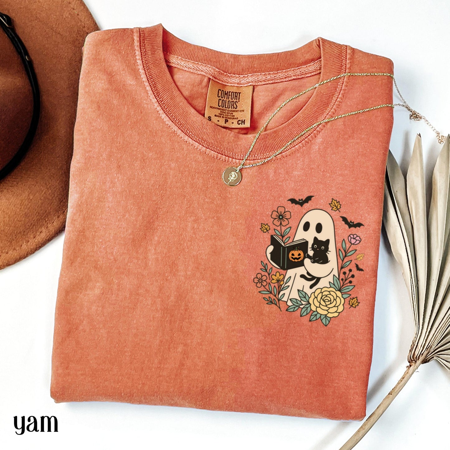 Reading Ghost Cat Comfort Colors Halloween Tee