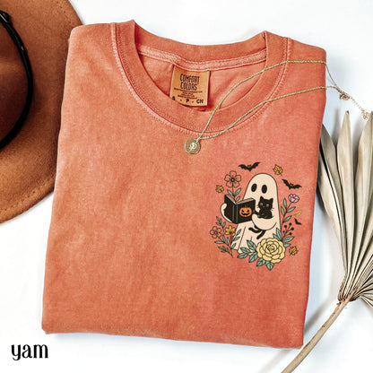 Reading Ghost Cat Comfort Colors Halloween Tee