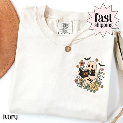 Reading Ghost Cat Comfort Colors Halloween Tee