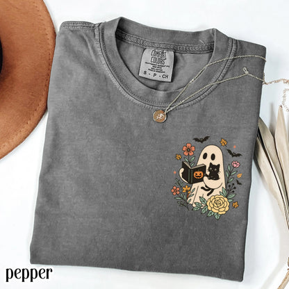 Reading Ghost Cat Comfort Colors Halloween Tee