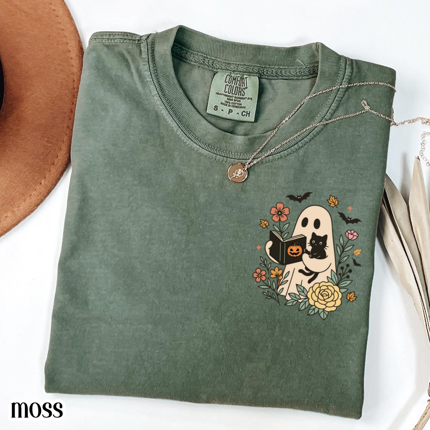 Reading Ghost Cat Comfort Colors Halloween Tee