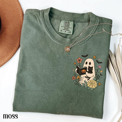 Reading Ghost Cat Comfort Colors Halloween Tee