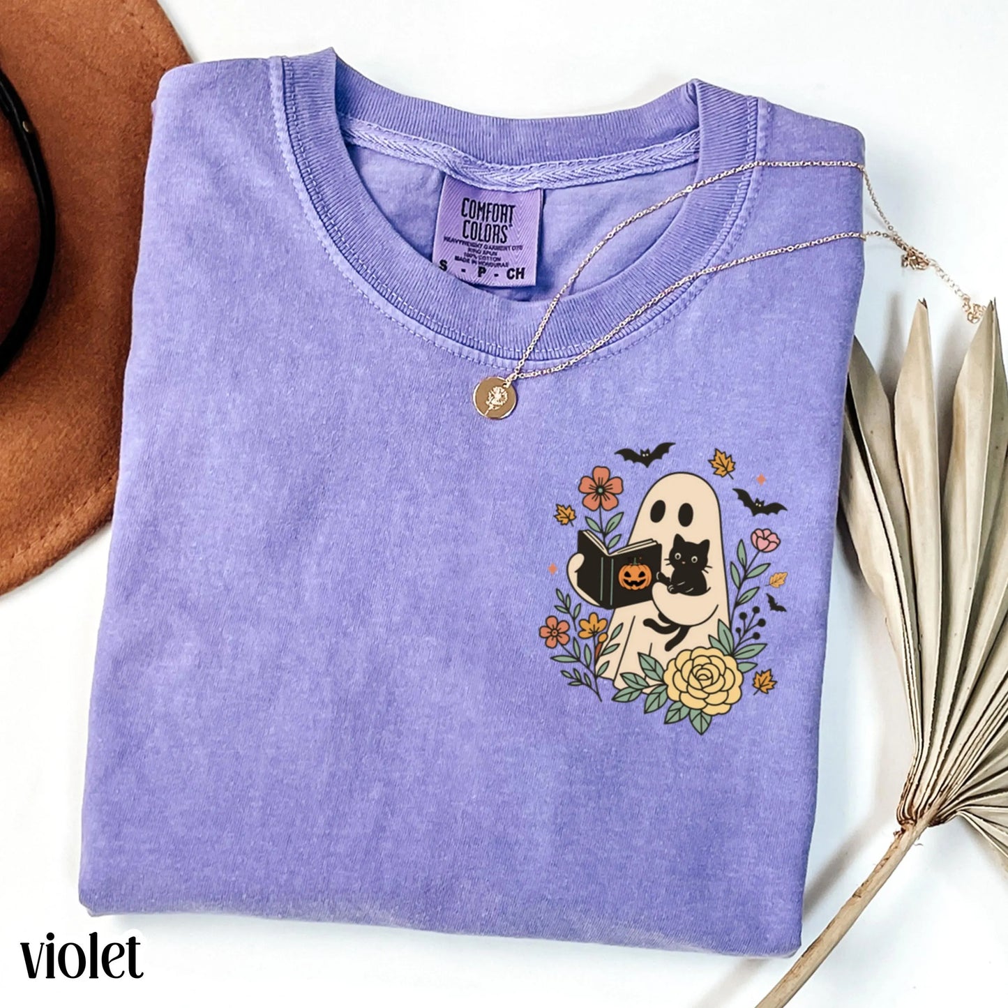 Reading Ghost Cat Comfort Colors Halloween Tee