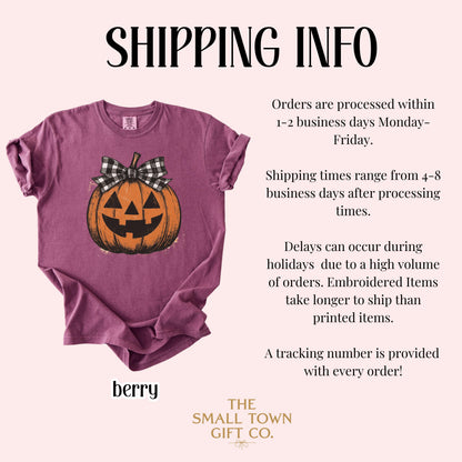 Girly Checkered Pumpkin Bow Comfort Colors Tee