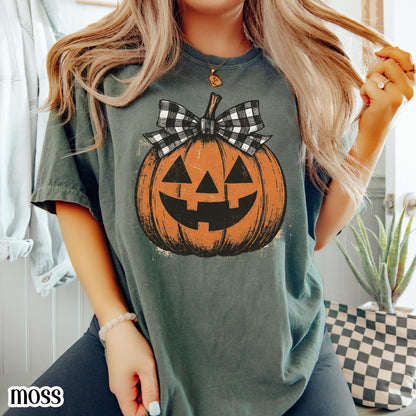 Girly Checkered Pumpkin Bow Comfort Colors Tee