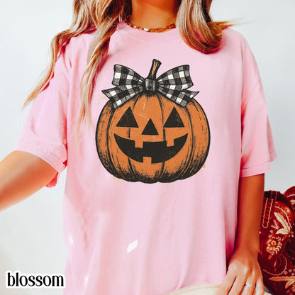 Girly Checkered Pumpkin Bow Comfort Colors Tee