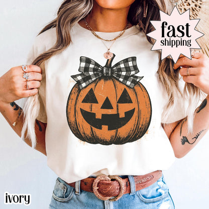 Girly Checkered Pumpkin Bow Comfort Colors Tee