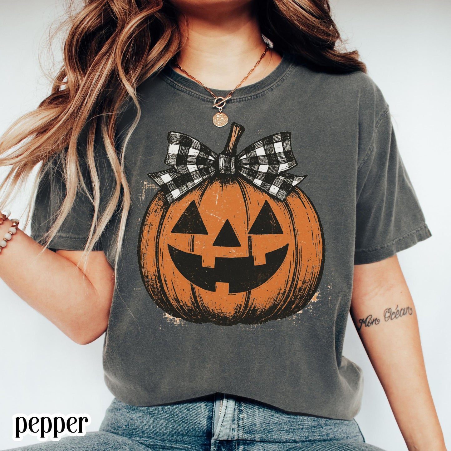 Girly Checkered Pumpkin Bow Comfort Colors Tee