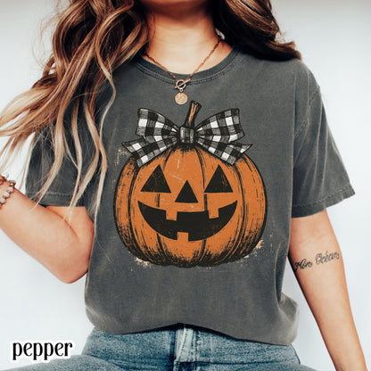 Girly Checkered Pumpkin Bow Comfort Colors Tee
