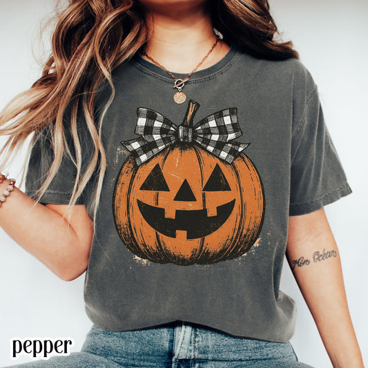 Girly Checkered Pumpkin Bow Comfort Colors Tee