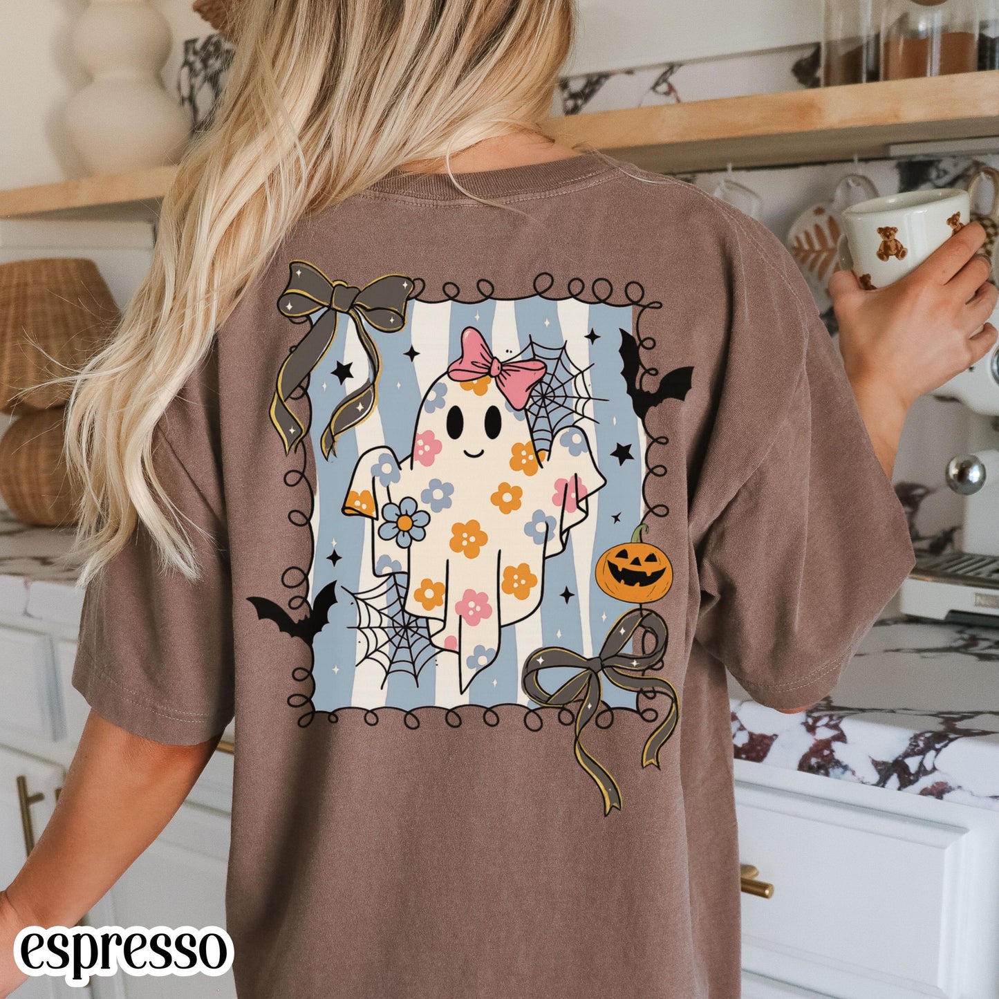 Girly Pumpkin Bow Ghost Comfort Colors Tee