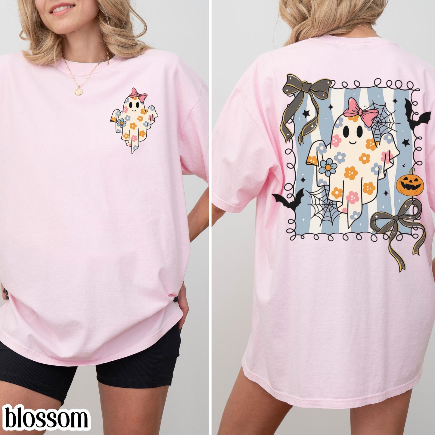 Girly Pumpkin Bow Ghost Comfort Colors Tee
