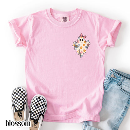 Youth Pumpkin Bow Ghost Comfort Colors Tee