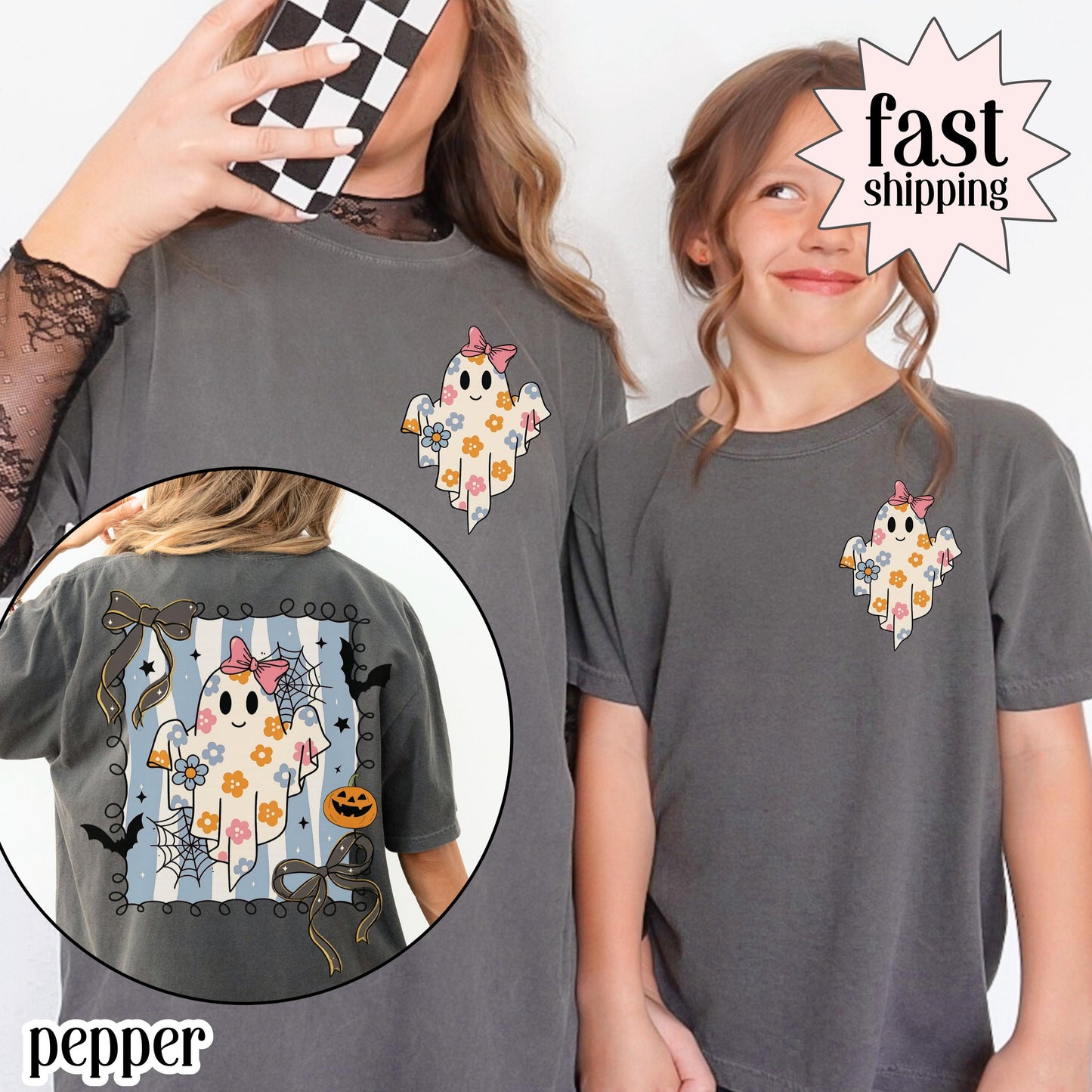 Youth Pumpkin Bow Ghost Comfort Colors Tee