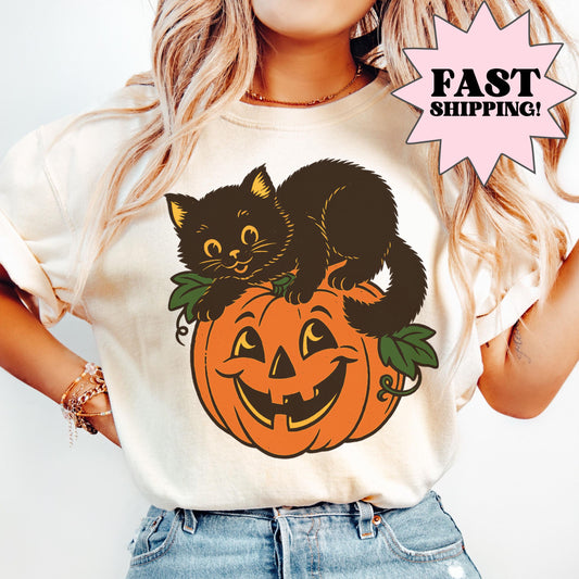 Vintage Black Cat & Pumpkin Comfort Colors Tee