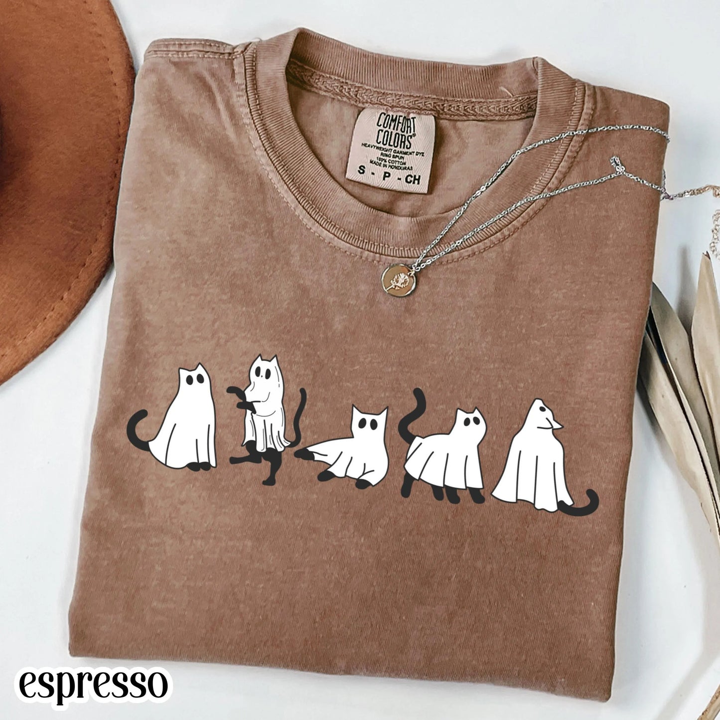 Black Cat Ghost Halloween Comfort Colors Tee