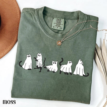 Black Cat Ghost Halloween Comfort Colors Tee