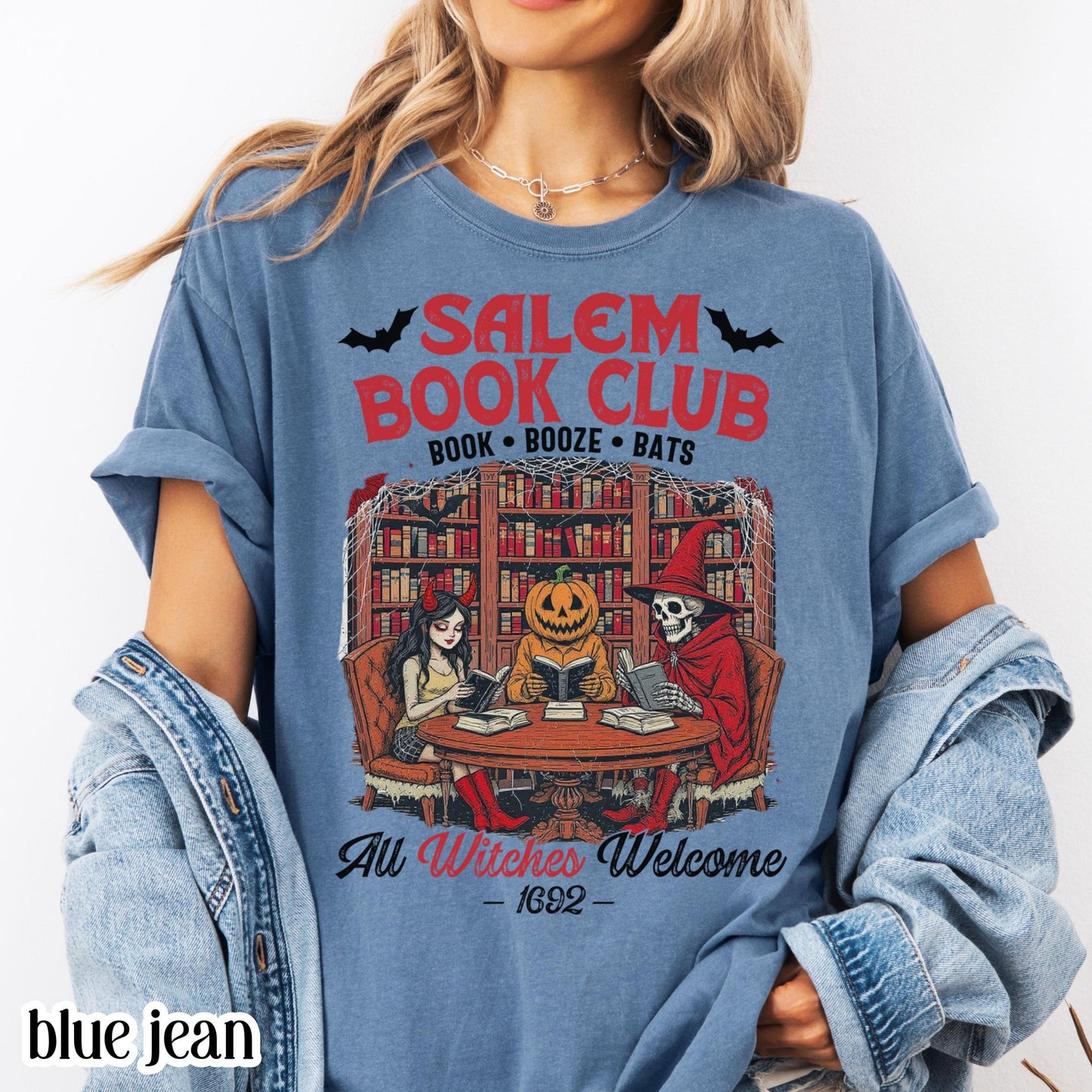 Comfort Colors Halloween Salem Book Club Witches Shirt Spooky Tee Autumn Reading Skeleton Pumpkin TShirt Fall Cozy Bookish TShirt Book Lover