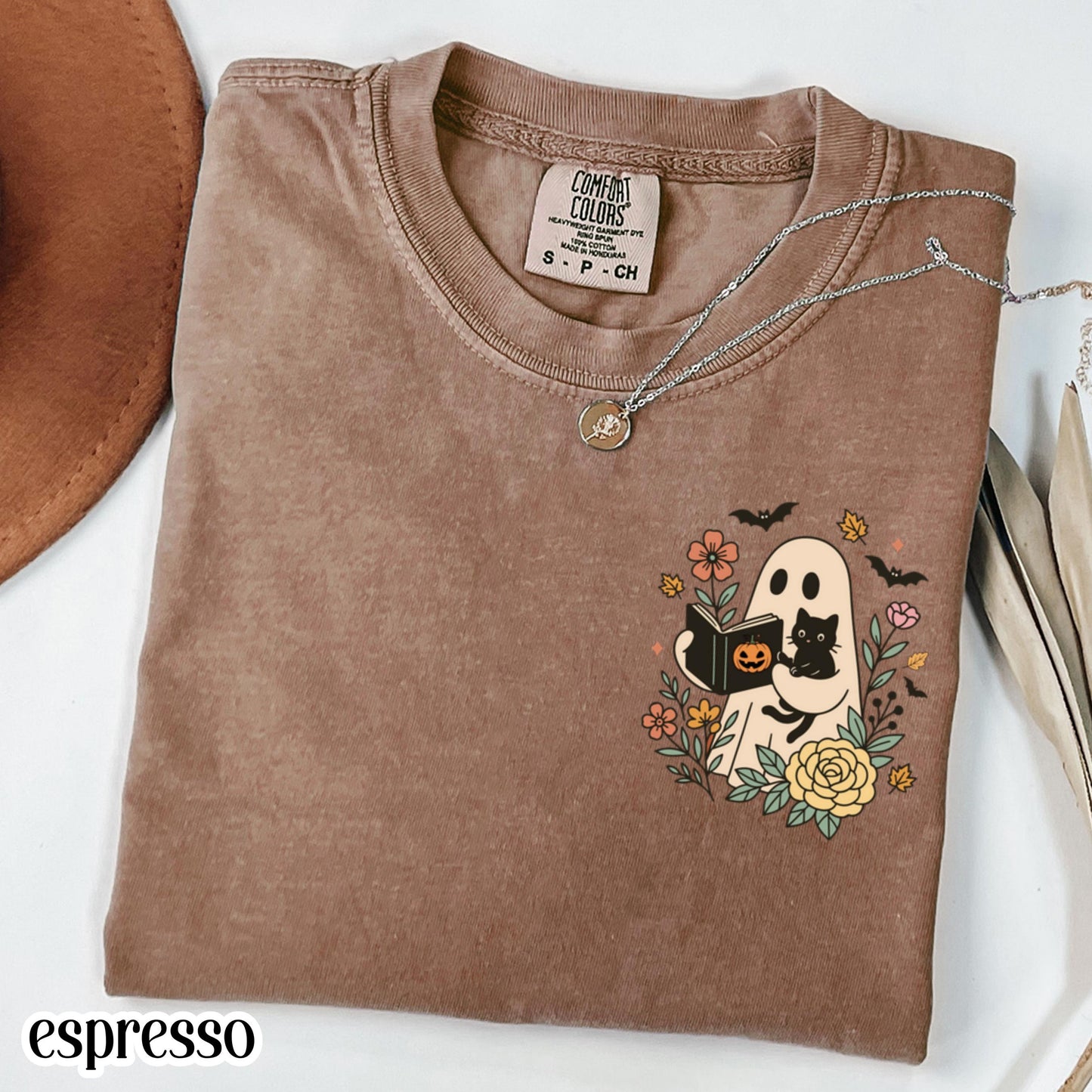 Reading Ghost Cat Comfort Colors Halloween Tee