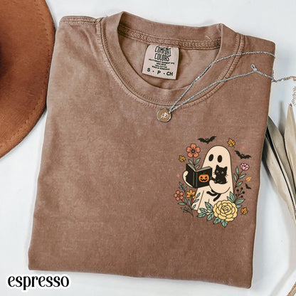 Reading Ghost Cat Comfort Colors Halloween Tee