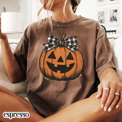 Girly Checkered Pumpkin Bow Comfort Colors Tee