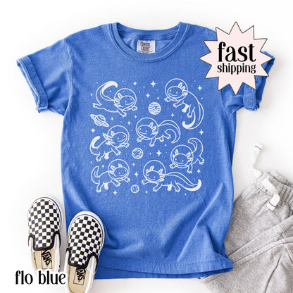 Space Axolotl Youth Shirt Comfort Colors Astronaut Planet Tee Axolotl Lover Kid School Tshirt Christmas Gift For Daughter Son Shirt