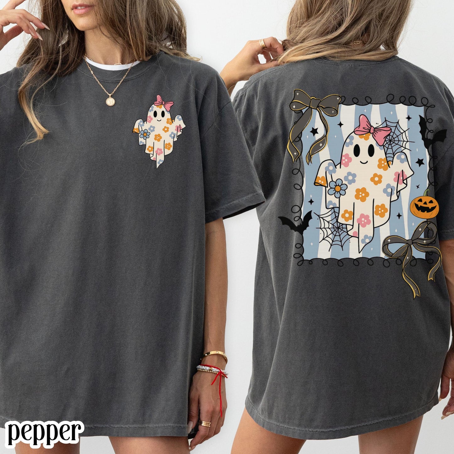 Girly Pumpkin Bow Ghost Comfort Colors Tee