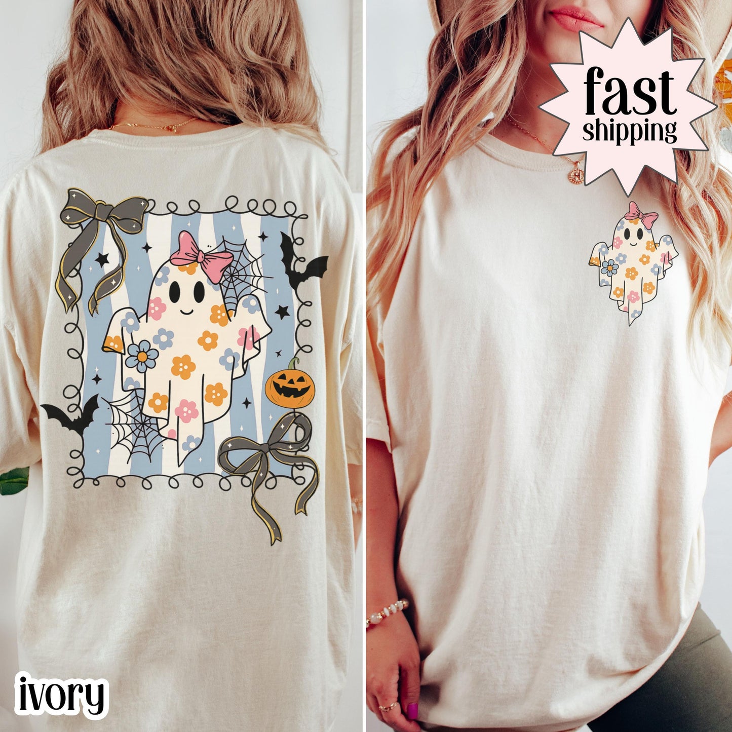 Girly Pumpkin Bow Ghost Comfort Colors Tee