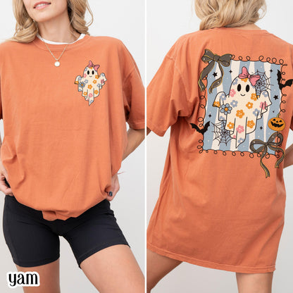 Girly Pumpkin Bow Ghost Comfort Colors Tee