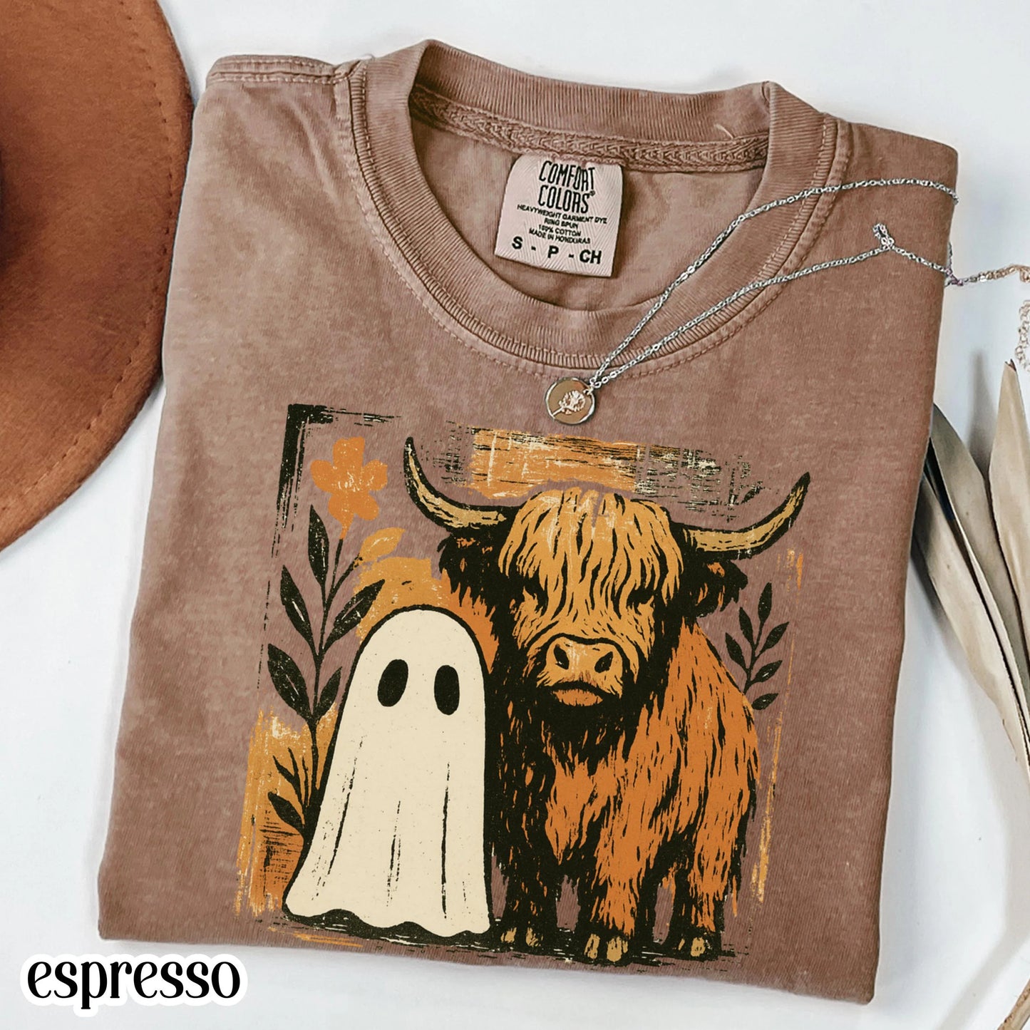 Halloween Ghost Highland Cow Comfort Colors Tee