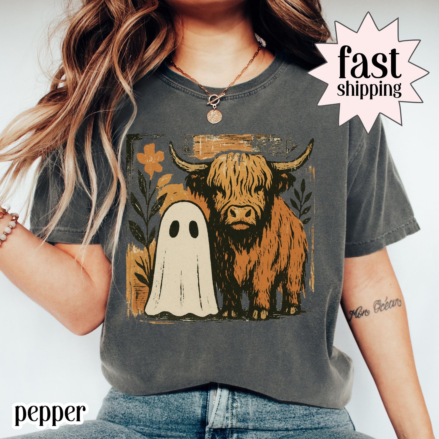 Halloween Ghost Highland Cow Comfort Colors Tee