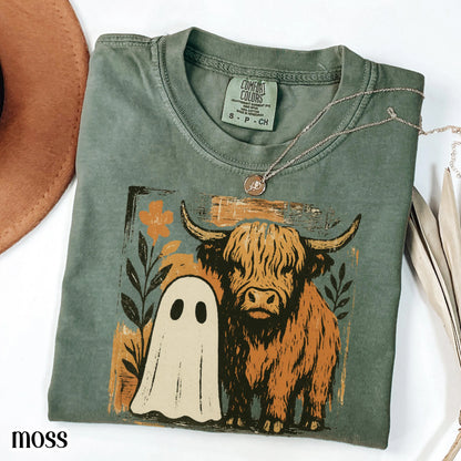 Halloween Ghost Highland Cow Comfort Colors Tee