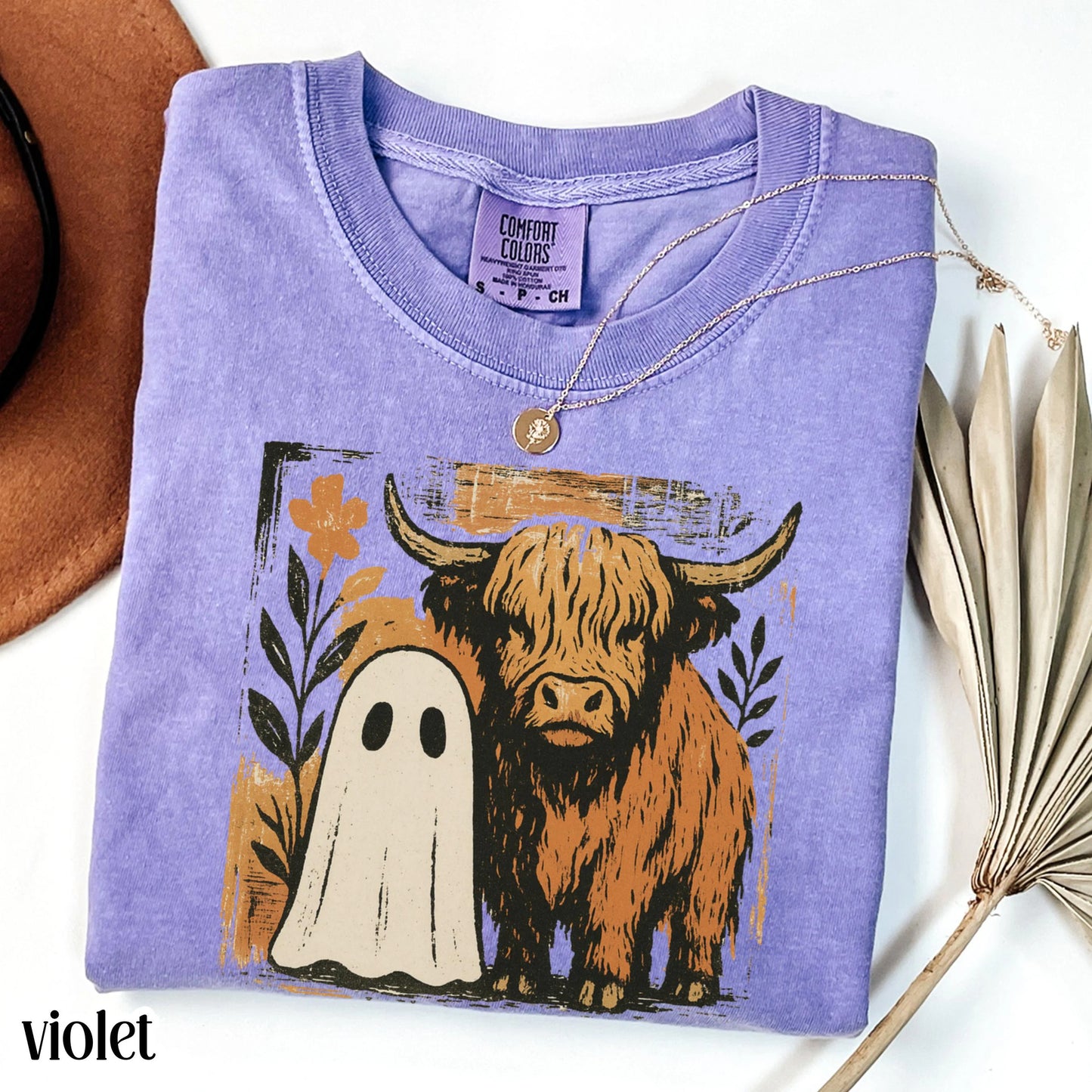 Halloween Ghost Highland Cow Comfort Colors Tee