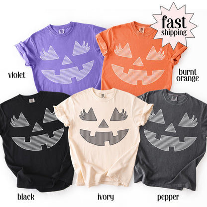 Pumpkin Comfort Colors Halloween Shirt Matching Team Cute Tshirts Fall Spooky Season Striped TShirt Graphic Jackolantern Face Teacher Tee