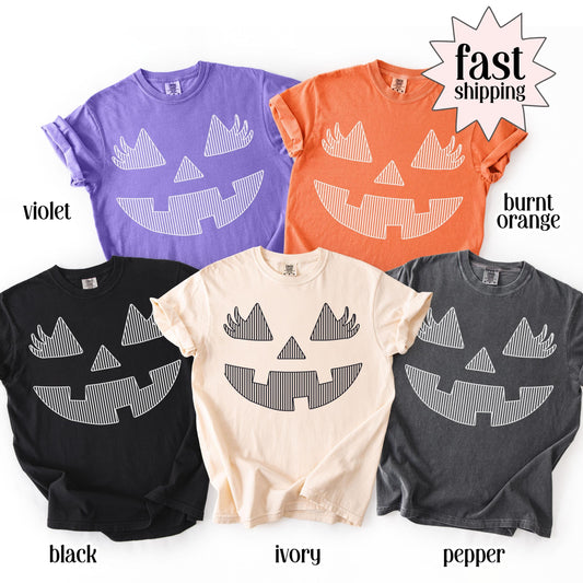 Pumpkin Comfort Colors Halloween Shirt Matching Team Cute Tshirts Fall Spooky Season Striped TShirt Graphic Jackolantern Face Teacher Tee