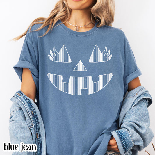 Pumpkin Comfort Colors Halloween Shirt Matching Team Cute Tshirts Fall Spooky Season Striped TShirt Graphic Jackolantern Face Teacher Tee