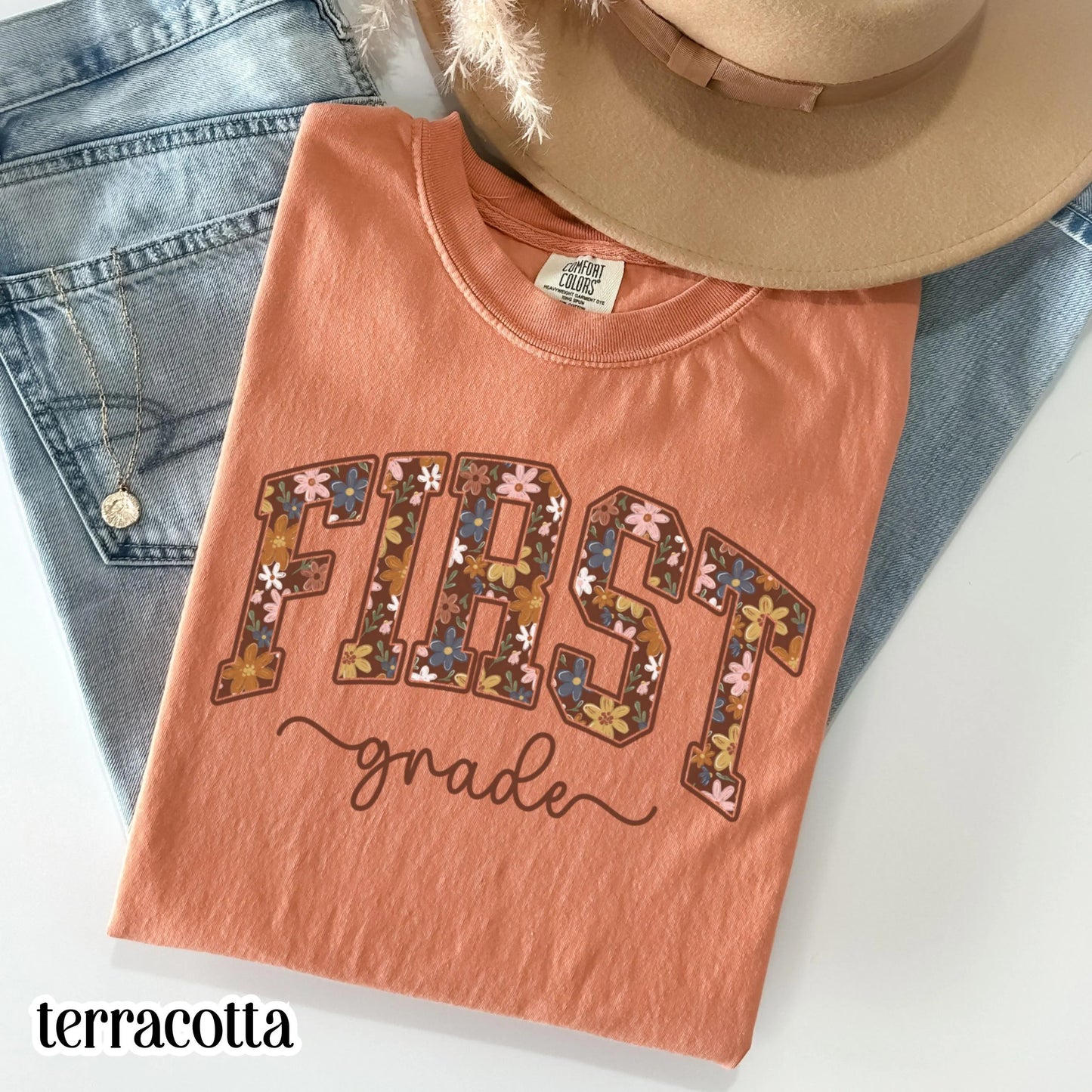 Floral Fall Teacher Comfort Colors Shirt First Grade Teacher TShirt 1st Grade Teacher Tee Halloween Spooky Tee Back to School Autumn T-Shirt