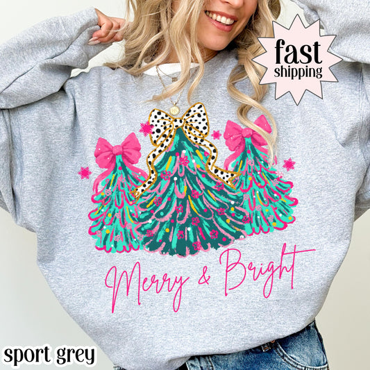 Merry & Bright Pink Christmas Tree Sweatshirt