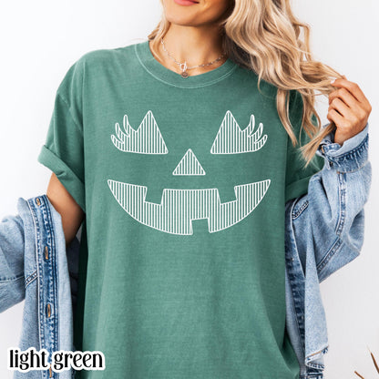 Pumpkin Comfort Colors Halloween Shirt Matching Team Cute Tshirts Fall Spooky Season Striped TShirt Graphic Jackolantern Face Teacher Tee