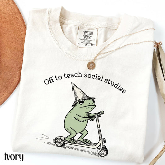 Social Studies Comfort Colors Teacher Shirt Geography Teacher TShirt Back to School Funny Frog Off to Teach Social Studies Society Civic Tee