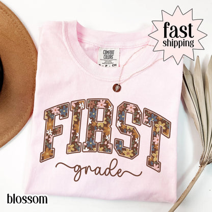 Floral Fall Teacher Comfort Colors Shirt First Grade Teacher TShirt 1st Grade Teacher Tee Halloween Spooky Tee Back to School Autumn T-Shirt